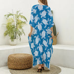 Blue And White Sea Turtle Pattern Print Silk V-Neck Kaftan Dress