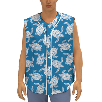 Blue And White Sea Turtle Pattern Print Sleeveless Baseball Jersey
