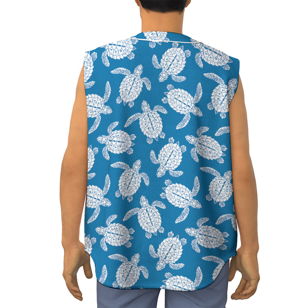 Blue And White Sea Turtle Pattern Print Sleeveless Baseball Jersey