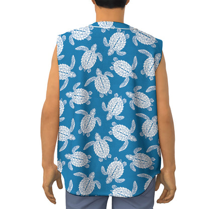 Blue And White Sea Turtle Pattern Print Sleeveless Baseball Jersey