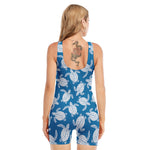 Blue And White Sea Turtle Pattern Print Sleeveless One Piece Swimsuit