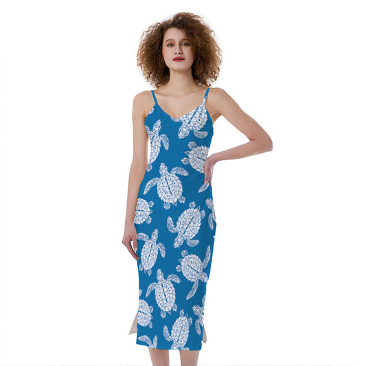 Blue And White Sea Turtle Pattern Print Slim Fit Midi Cami Dress