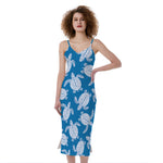 Blue And White Sea Turtle Pattern Print Slim Fit Midi Cami Dress