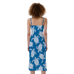 Blue And White Sea Turtle Pattern Print Slim Fit Midi Cami Dress