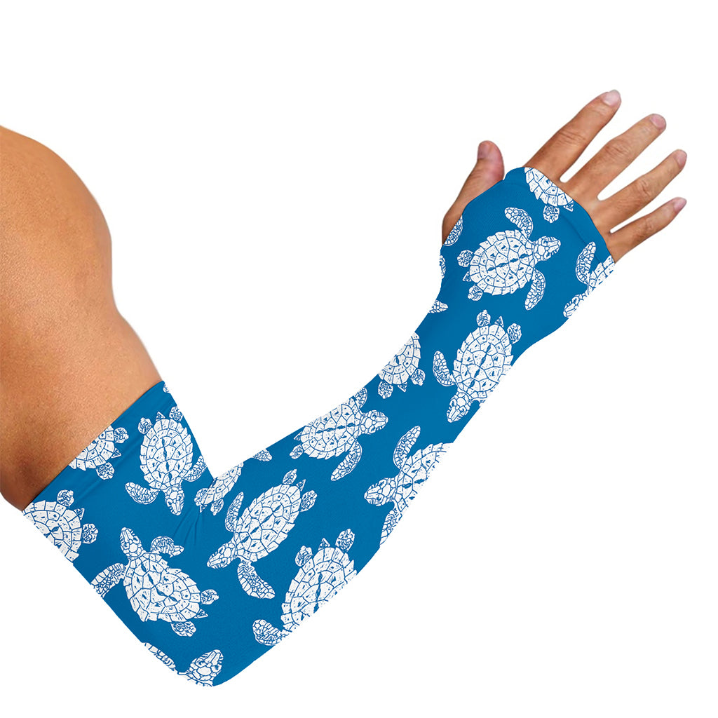 Blue And White Sea Turtle Pattern Print Sun Protection Arm Sleeves