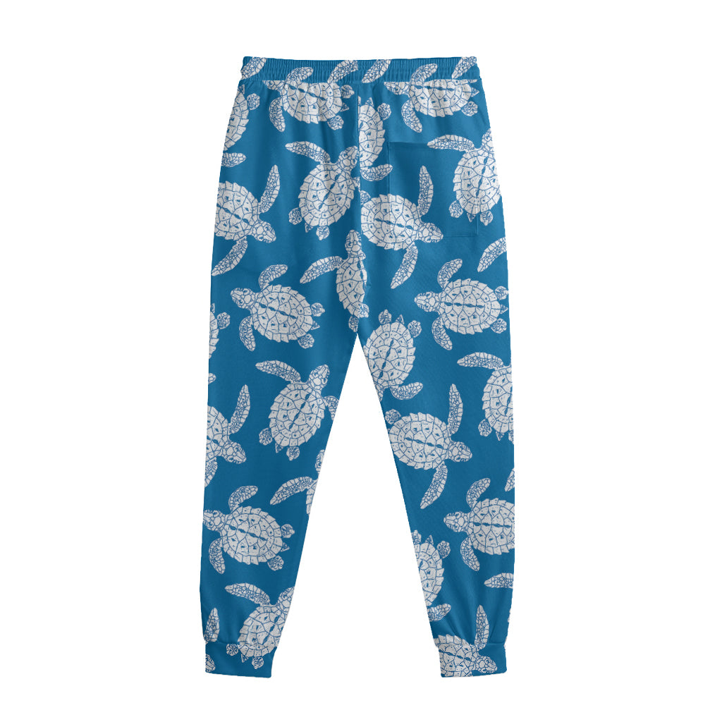 Blue And White Sea Turtle Pattern Print Sweatpants