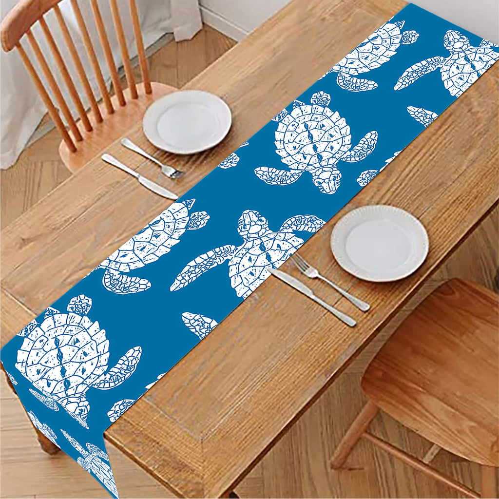 Blue And White Sea Turtle Pattern Print Table Runner
