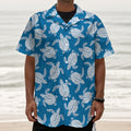 Blue And White Sea Turtle Pattern Print Textured Short Sleeve Shirt