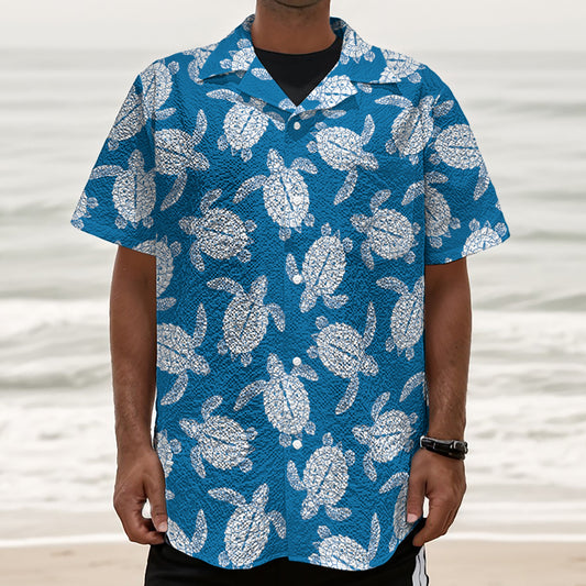 Blue And White Sea Turtle Pattern Print Textured Short Sleeve Shirt