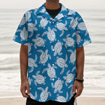 Blue And White Sea Turtle Pattern Print Textured Short Sleeve Shirt