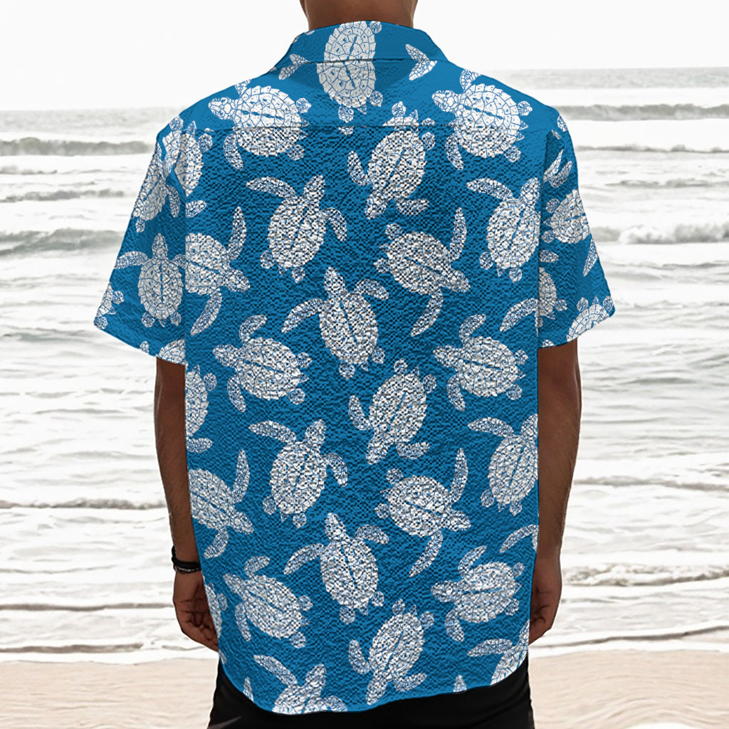 Blue And White Sea Turtle Pattern Print Textured Short Sleeve Shirt
