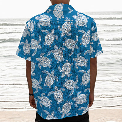 Blue And White Sea Turtle Pattern Print Textured Short Sleeve Shirt