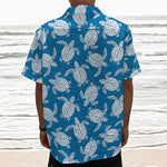 Blue And White Sea Turtle Pattern Print Textured Short Sleeve Shirt