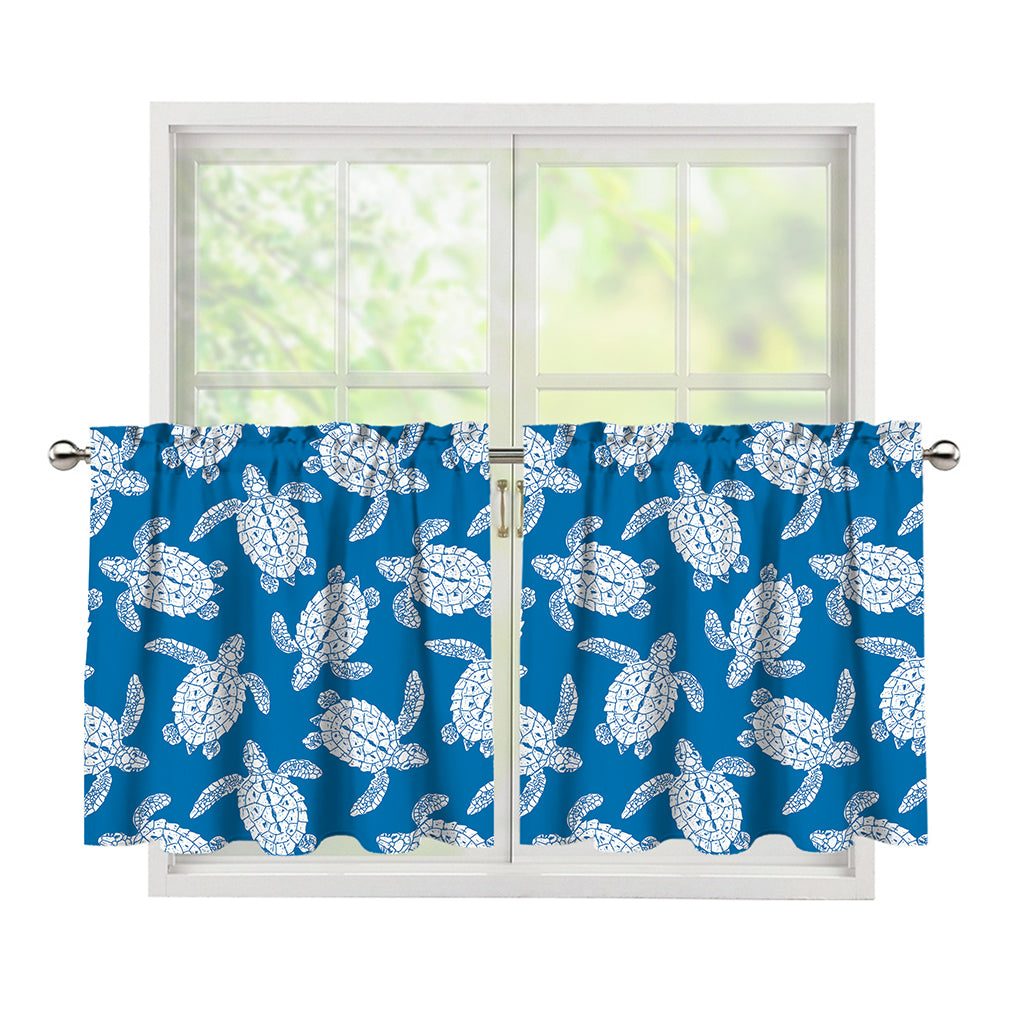 Blue And White Sea Turtle Pattern Print Tier Curtains