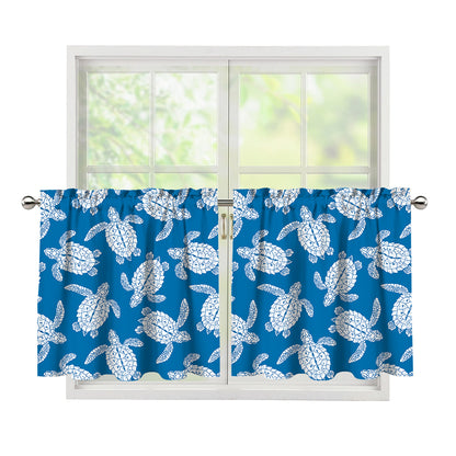 Blue And White Sea Turtle Pattern Print Tier Curtains