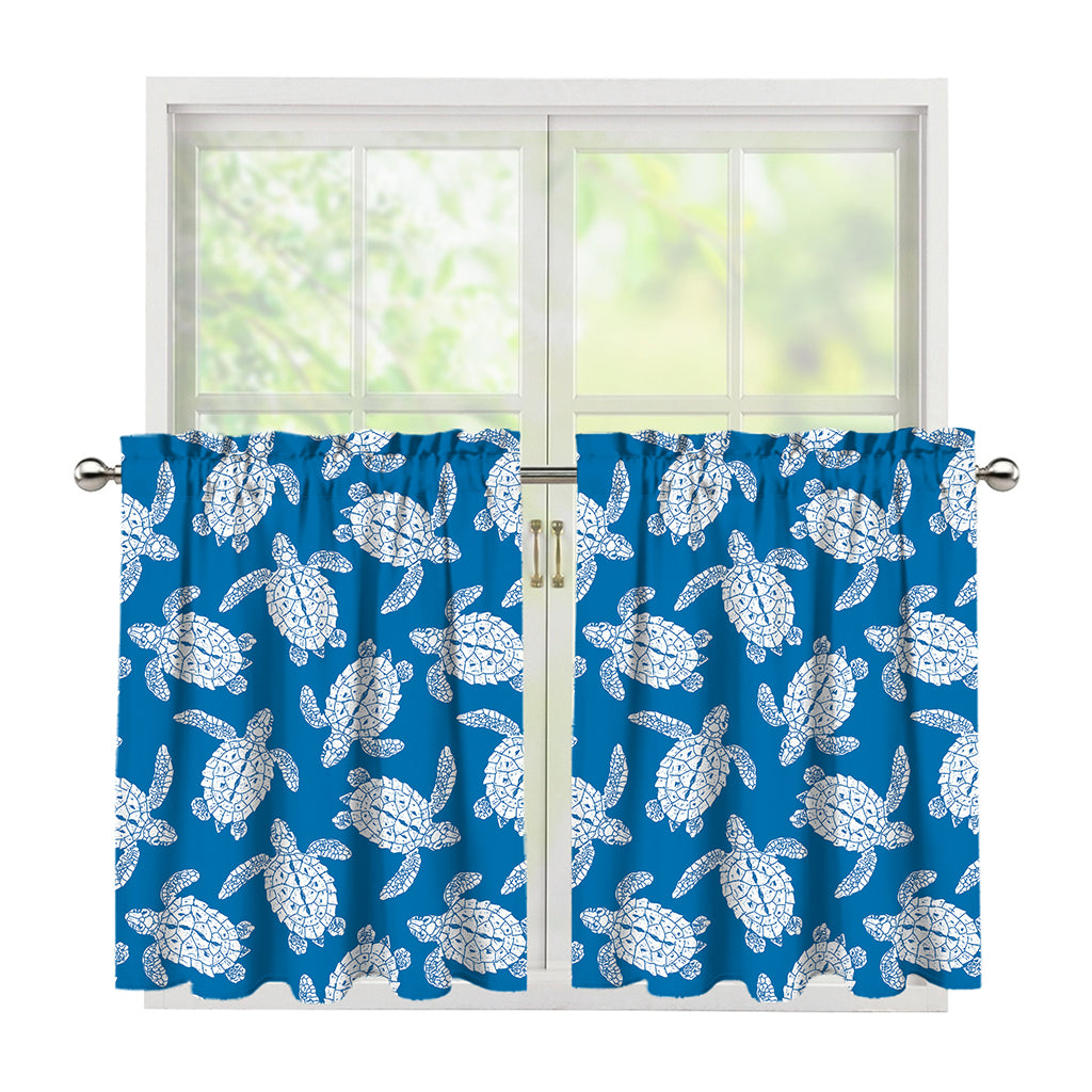 Blue And White Sea Turtle Pattern Print Tier Curtains