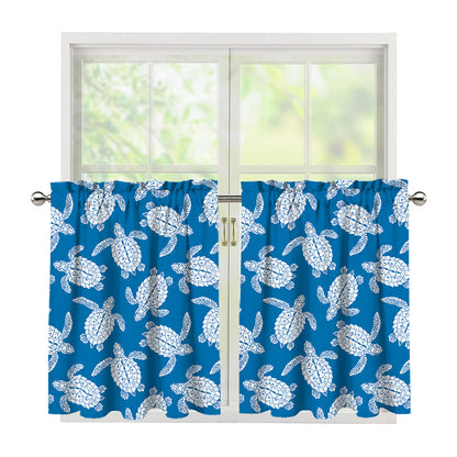 Blue And White Sea Turtle Pattern Print Tier Curtains