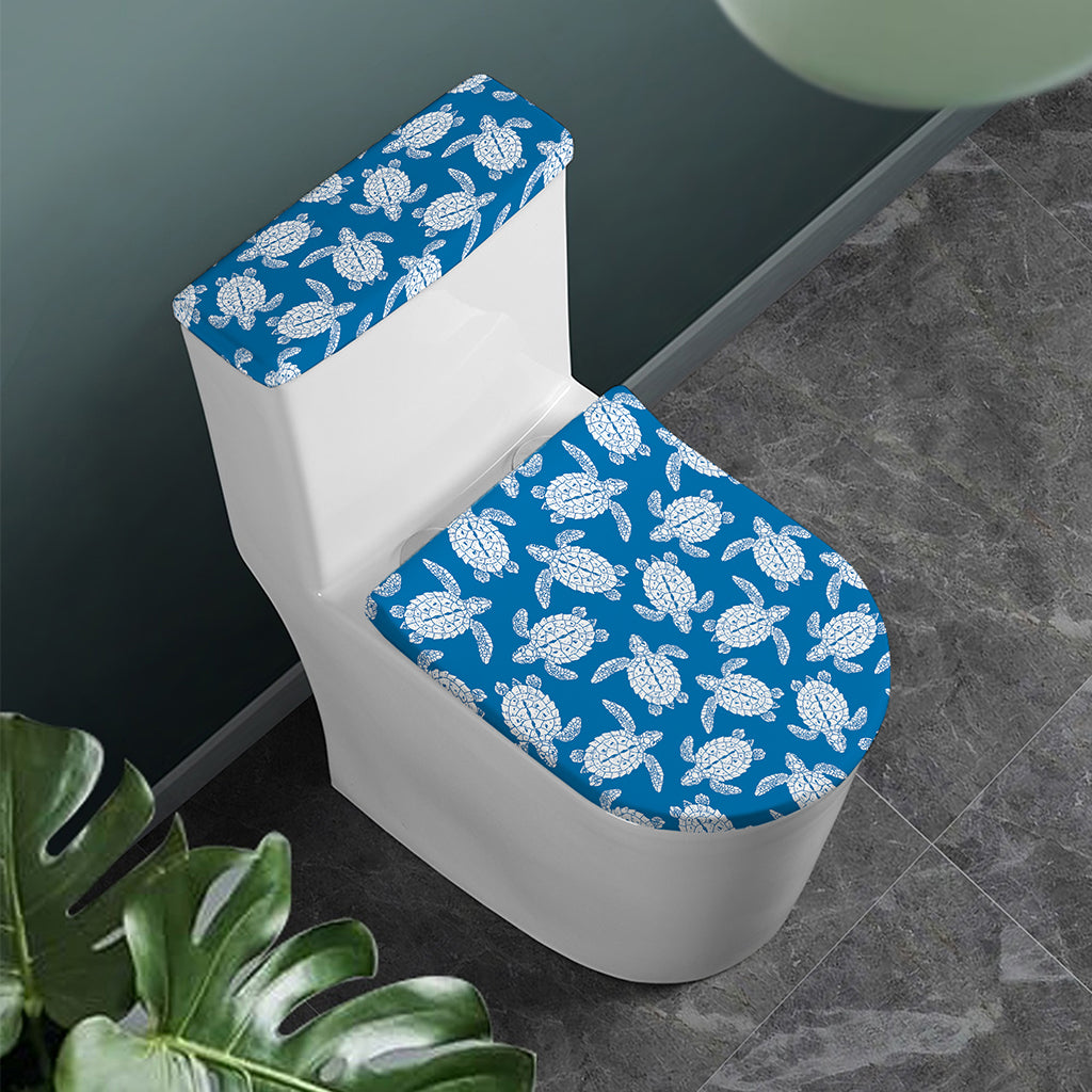 Blue And White Sea Turtle Pattern Print Toilet Lid And Tank Cover Set