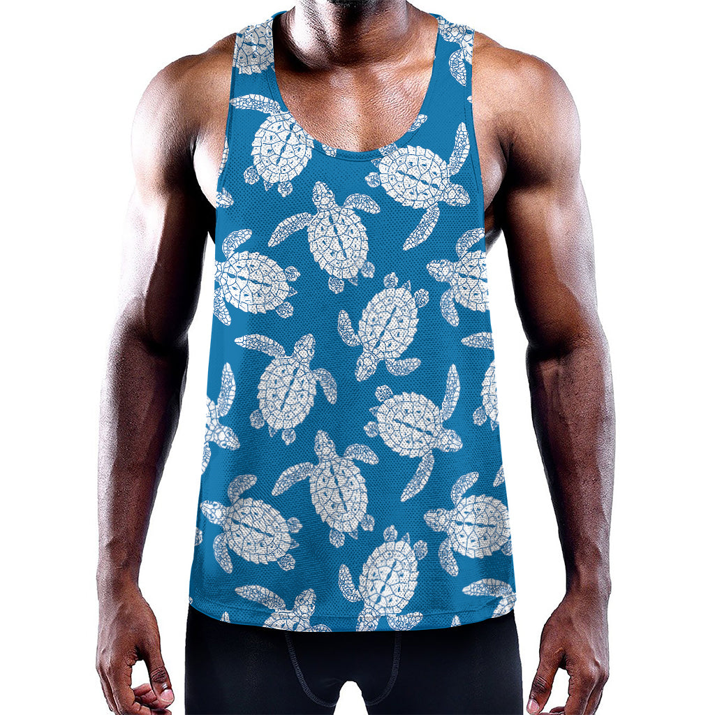 Blue And White Sea Turtle Pattern Print Training Tank Top