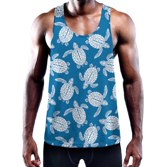 Blue And White Sea Turtle Pattern Print Training Tank Top