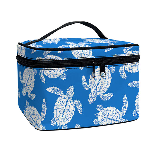 Blue And White Sea Turtle Pattern Print Travel Makeup Bag