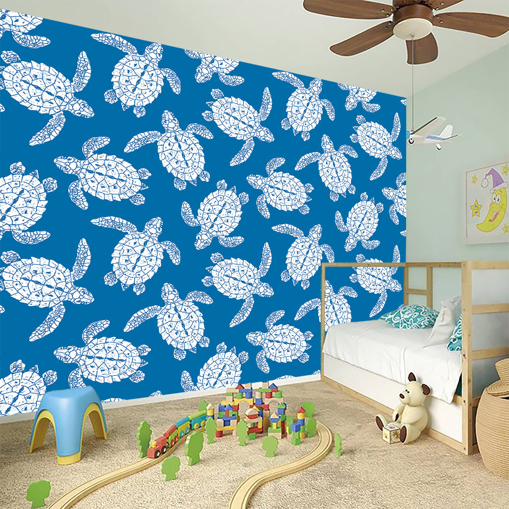 Blue And White Sea Turtle Pattern Print Wall Sticker
