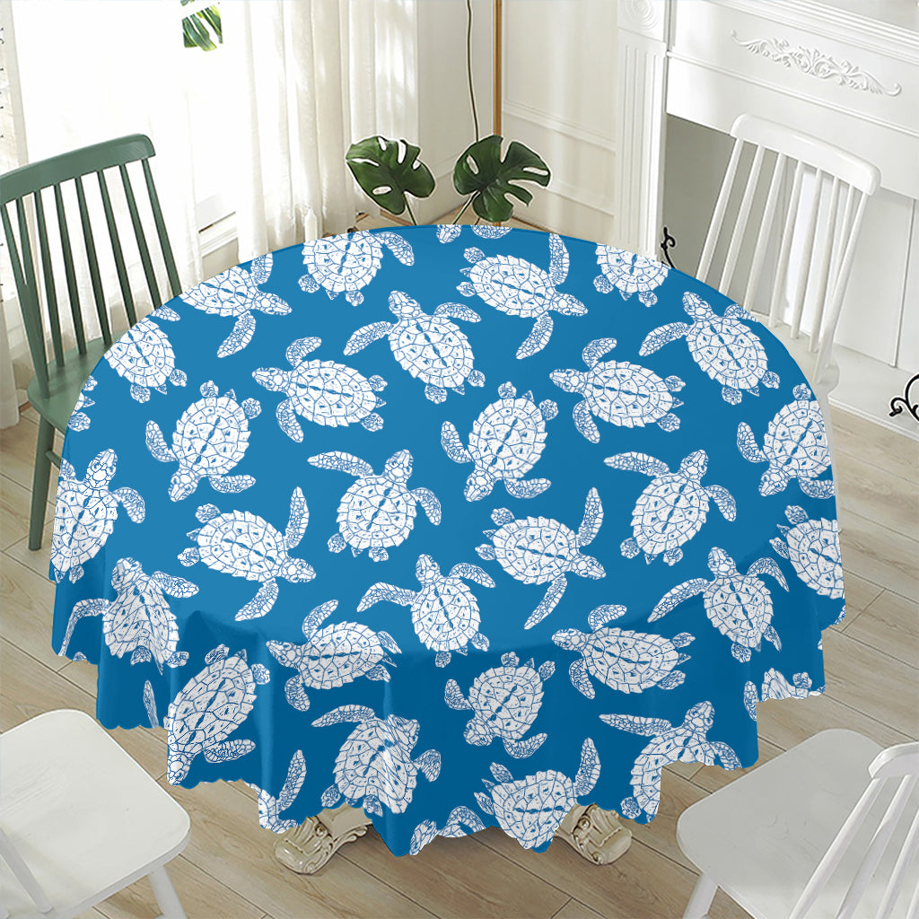 Blue And White Sea Turtle Pattern Print Waterproof Round Tablecloth