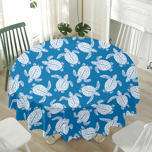 Blue And White Sea Turtle Pattern Print Waterproof Round Tablecloth