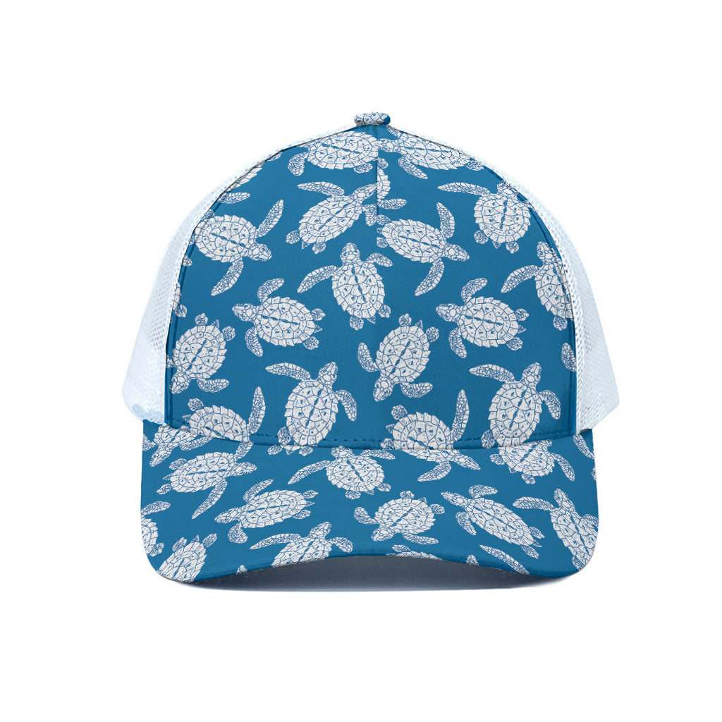 Blue And White Sea Turtle Pattern Print White Mesh Trucker Cap