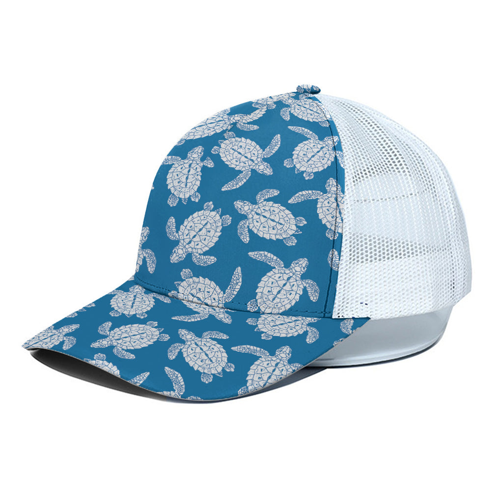 Blue And White Sea Turtle Pattern Print White Mesh Trucker Cap