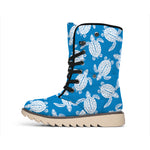 Blue And White Sea Turtle Pattern Print Winter Boots