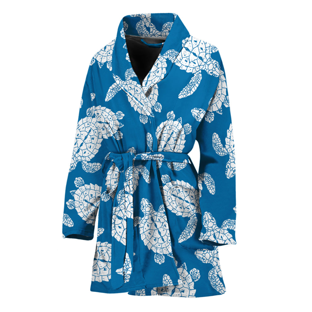 Blue And White Sea Turtle Pattern Print Women's Bathrobe