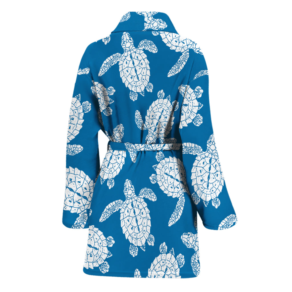 Blue And White Sea Turtle Pattern Print Women's Bathrobe