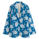 Blue And White Sea Turtle Pattern Print Women's Blazer