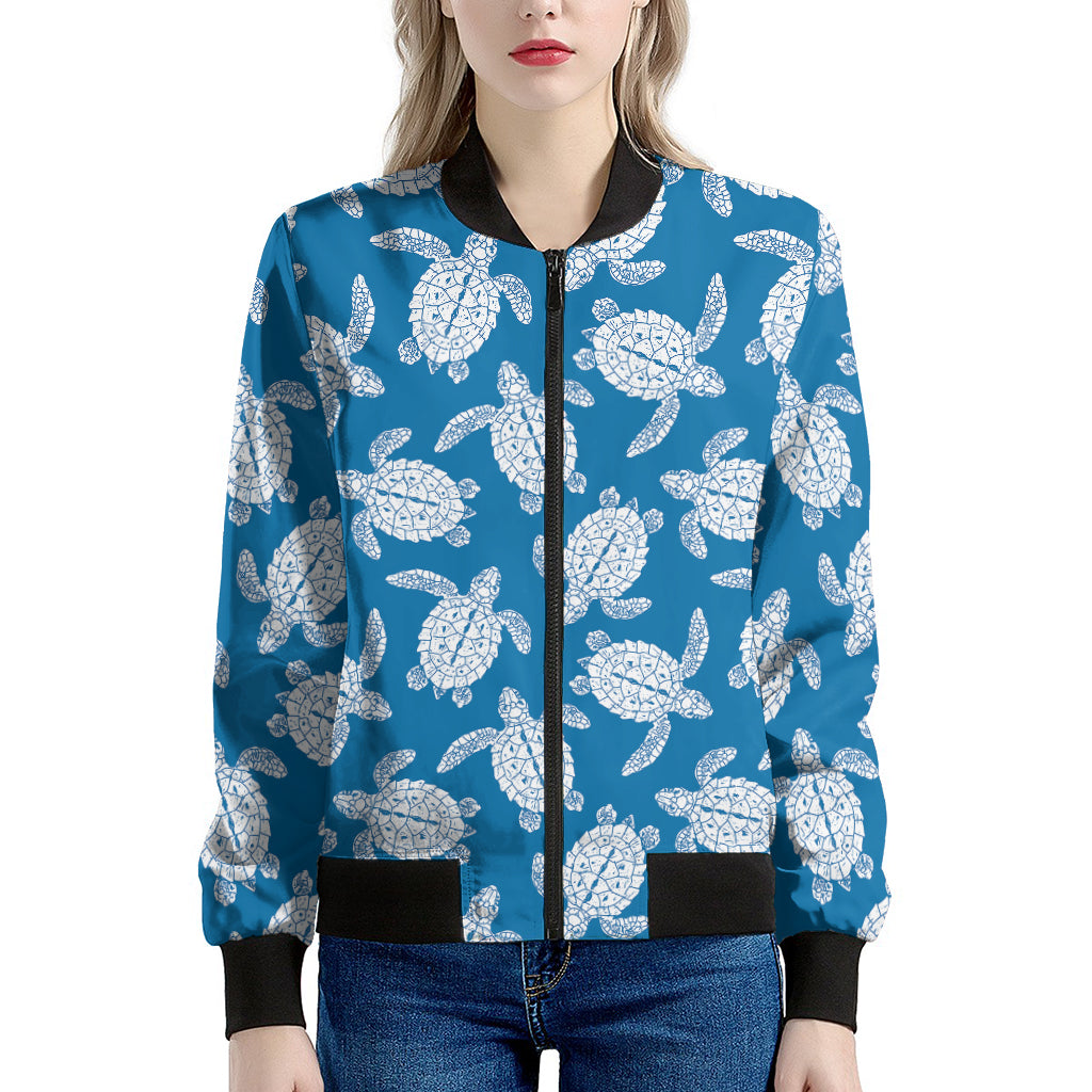 Blue And White Sea Turtle Pattern Print Women's Bomber Jacket