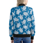 Blue And White Sea Turtle Pattern Print Women's Bomber Jacket