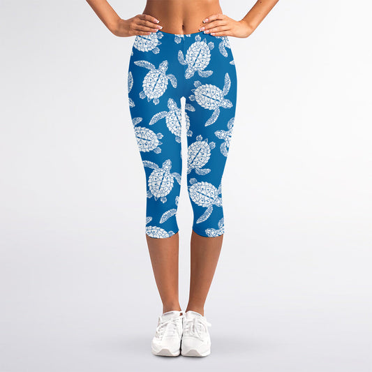 Blue And White Sea Turtle Pattern Print Women's Capri Leggings