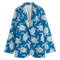 Blue And White Sea Turtle Pattern Print Women's Cotton Blazer