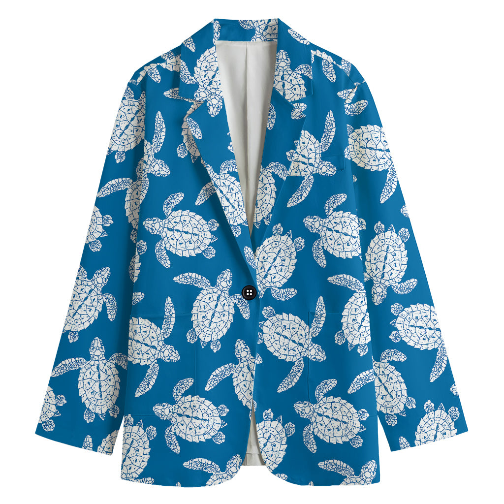 Blue And White Sea Turtle Pattern Print Women's Cotton Blazer