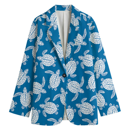 Blue And White Sea Turtle Pattern Print Women's Cotton Blazer