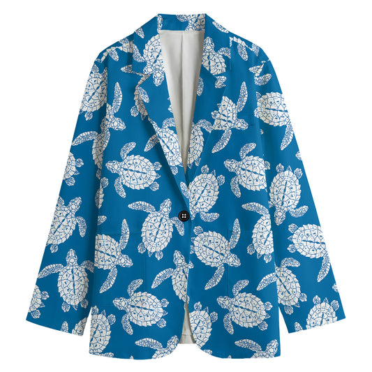Blue And White Sea Turtle Pattern Print Women's Cotton Blazer