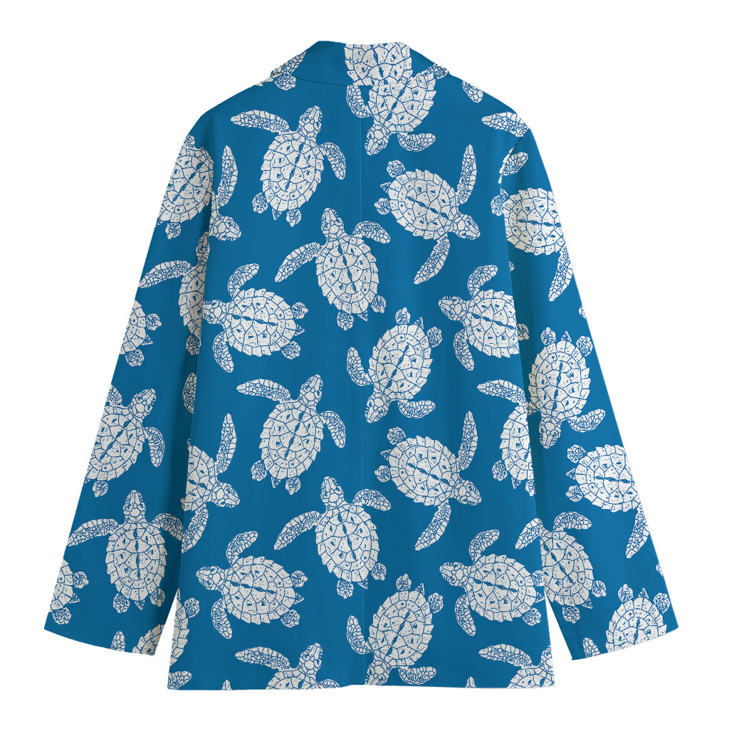 Blue And White Sea Turtle Pattern Print Women's Cotton Blazer