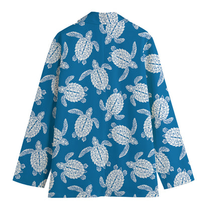 Blue And White Sea Turtle Pattern Print Women's Cotton Blazer