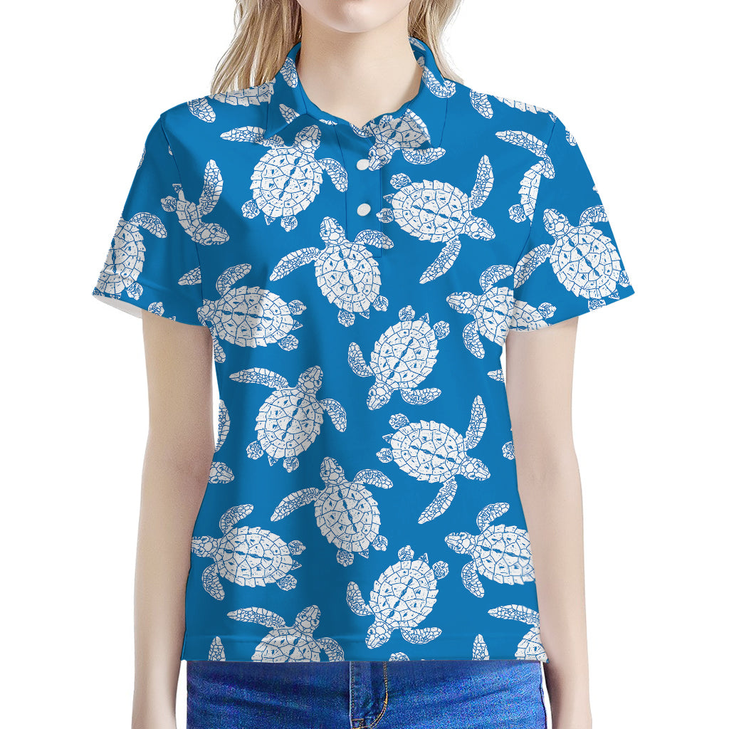 Blue And White Sea Turtle Pattern Print Women's Polo Shirt