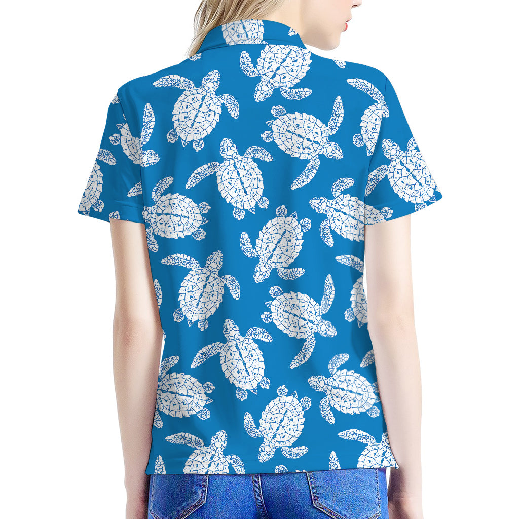 Blue And White Sea Turtle Pattern Print Women's Polo Shirt