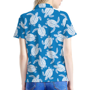 Blue And White Sea Turtle Pattern Print Women's Polo Shirt