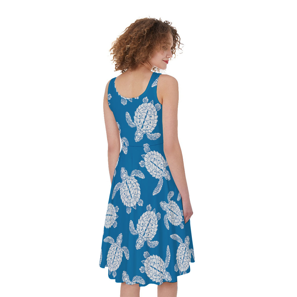 Blue And White Sea Turtle Pattern Print Women's Sleeveless Dress