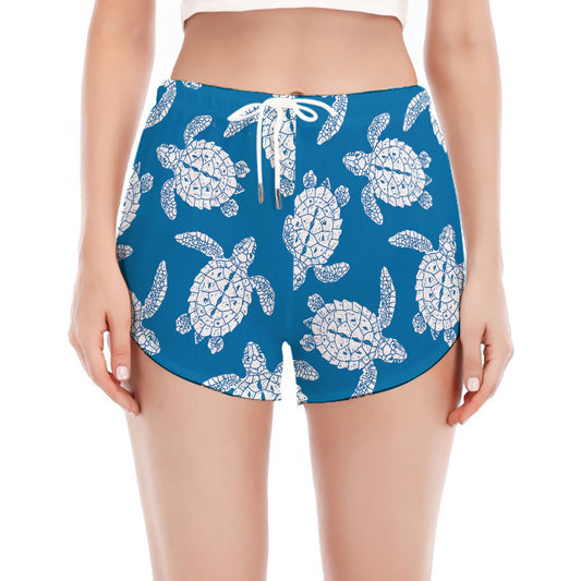 Blue And White Sea Turtle Pattern Print Women's Split Running Shorts
