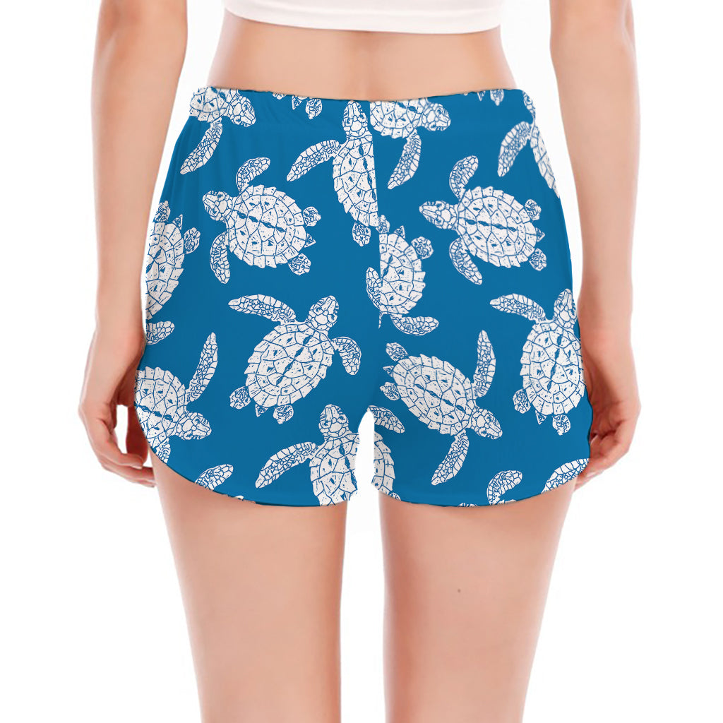 Blue And White Sea Turtle Pattern Print Women's Split Running Shorts