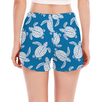 Blue And White Sea Turtle Pattern Print Women's Split Running Shorts